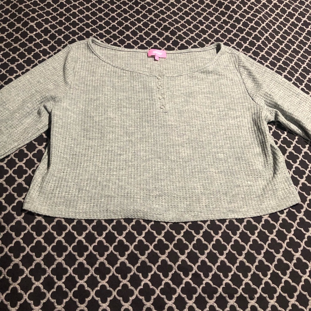Edikted Cropped Henley Womens Sz Large Gray Long Sleeve Stretch Fg7